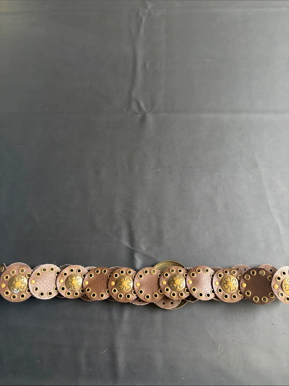 Brown Faux Leather Concho Disc Belt Brass Western Boho Statement